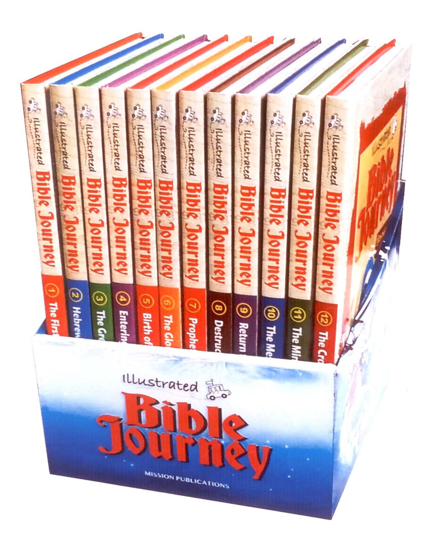 Una caja con una colección de 12 volúmenes de la serie «Bible Journey», libros ilustrados y de fácil lectura, cada uno con un lomo de colores, dispuestos verticalmente en una vitrina.