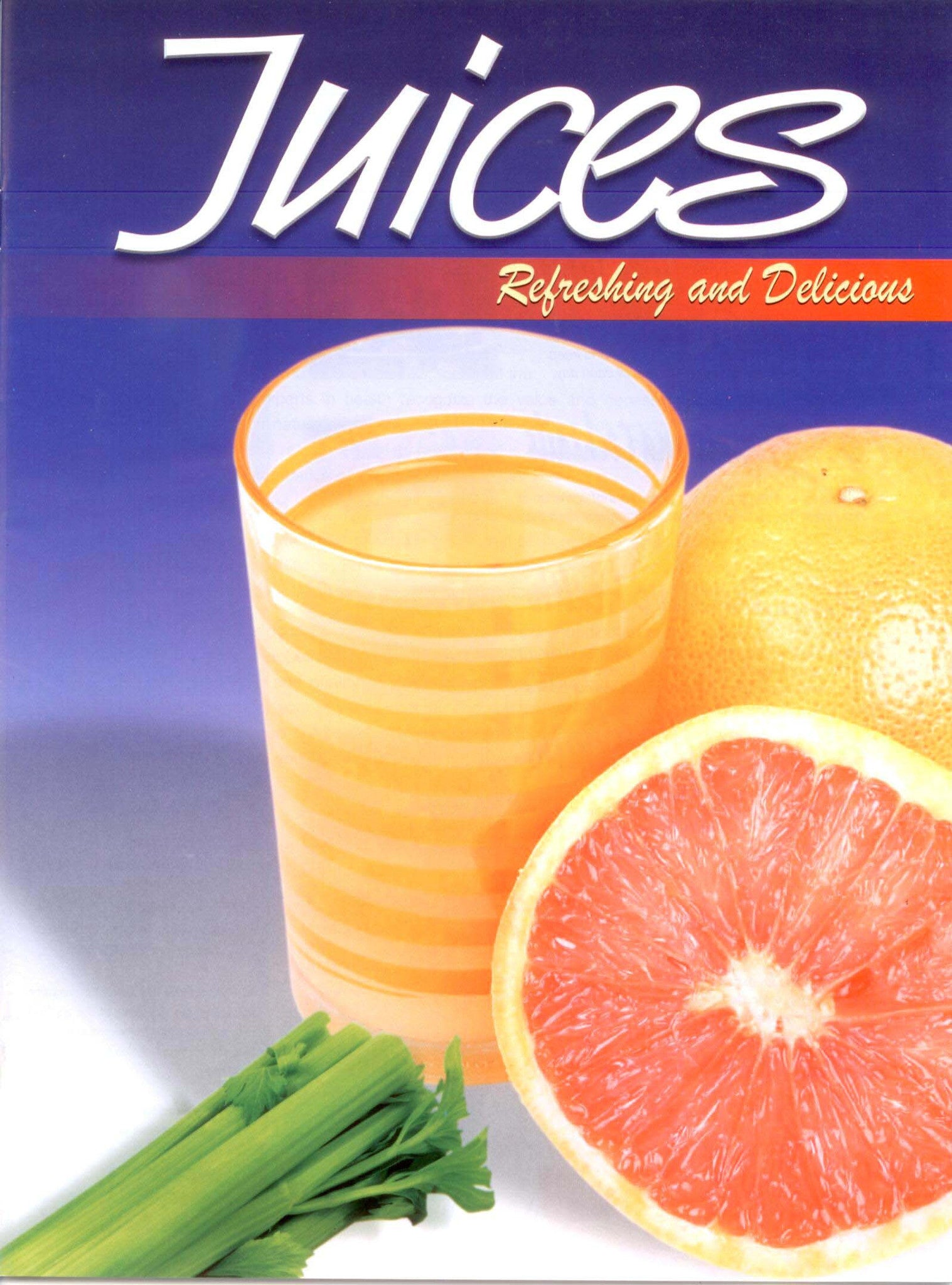 Se muestra un vaso de zumo junto a un pomelo entero, un pomelo cortado por la mitad y un manojo de apio sobre un fondo azul degradado, con el texto: «Zumos: refrescantes y deliciosos —perfectos para zumos saludables y zumos multivitamínicos—».