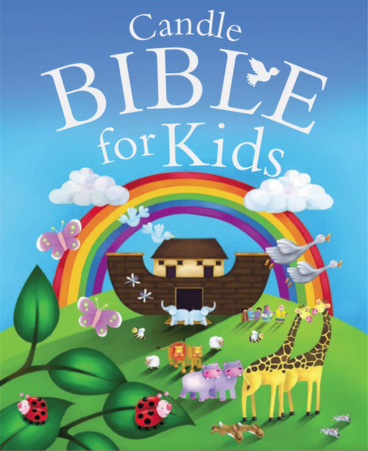 Portada ilustrada de «La Biblia de las velas para niños», una Biblia infantil en la que aparecen el Arca de Noé, animales, un arcoíris, mariposas, mariquitas y palomas contra un cielo azul. Una introducción perfecta a las historias de la Biblia para los niños.