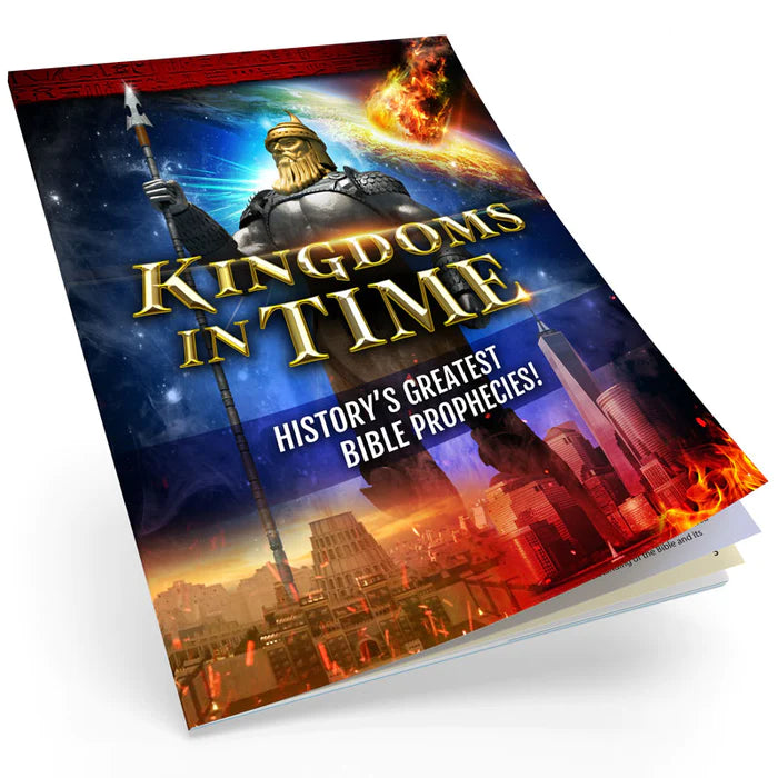 Una revista que refuerza la fe, titulada «Kingdoms in Time: ¡Las mayores profecías bíblicas de la historia!», en cuya portada aparecen una estatua de un guerrero, paisajes urbanos y un meteoro en el cielo: una poderosa herramienta de divulgación para quienes estén interesados en las profecías bíblicas.