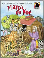 Ilustración de Noé junto al arca con jirafas, elefantes, leones y aves; portada de un libro infantil en español titulado «El arca de Noé», con historias bíblicas e ilustraciones a todo color.