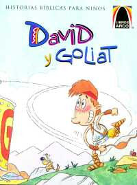 Ilustración de cómic de un niño con una honda, titulada «David y Goliat», de la colección «Libros Arco» de historias bíblicas para niños.