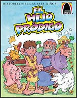 Ilustración de cómic inspirada en las historias bíblicas: «El hijo pródigo», con vibrantes ilustraciones a todo color de un joven, un hombre mayor, un cerdo y una oveja, con campos y una casa al fondo.