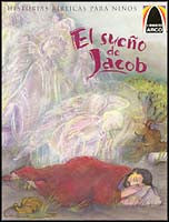Un niño duerme al aire libre, rodeado de animales, mientras que, al fondo, unas figuras angelicales suben y bajan. Inspirada en historias bíblicas, esta escena de «El sueño de Jacob» destaca por sus ilustraciones a todo color, típicas de Libros Arco.