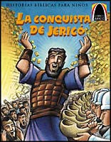 Ilustración a todo color de un hombre con armadura que levanta los brazos mientras la gente toca las trompetas y marcha; texto: «La conquista de Jericó», una de las historias bíblicas para niños de la colección «Libros Arco».