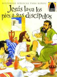 Ilustración en la que se ve a Jesús lavando los pies a sus discípulos en el interior de una casa, con tres hombres sentados e interactuando: una escena inspiradora de las historias bíblicas. En la parte superior de la imagen aparece un texto en español que recuerda a los Libros Arco.
