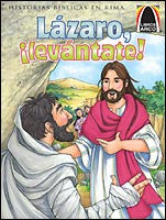 La portada ilustrada del libro muestra a Jesús resucitando a Lázaro de entre los muertos, con una mujer observando en segundo plano. El título reza «Lázaro, ¡levántate!» en español, y forma parte de la colección «Libros Arco», que recoge historias bíblicas e ilustraciones a todo color.