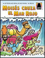 La portada ilustrada del libro muestra a Moisés guiando a su pueblo y a un camello a través del Mar Rojo, cuyas aguas se han abierto, con el título «Moisés Cruza el Mar Rojo» en la parte superior. Forma parte de la colección «Libros Arco» e incluye ilustraciones a todo color para revivir las historias bíblicas.
