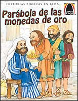 Ilustración de Libros Arco: cuatro hombres con túnicas; uno de ellos, sentado, recibe monedas de oro de un hombre que está de pie, mientras otros dos observan. El texto reza: «Parábola de las monedas de oro: una de las grandes historias bíblicas».