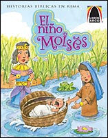 Ilustración a todo color de un bebé en una cesta en el río, con dos mujeres cerca, una de ellas vestida como una reina. Texto: El niño Moisés e historias bíblicas en rima. Parte de la colección Libros Arco.
