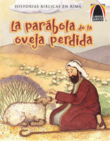 Ilustración de un hombre con túnica acariciando a una oveja, con montañas al fondo. El texto en español dice: «La parábola de la oveja perdida». Ideal para historias bíblicas y para los aficionados a los Libros Arco.