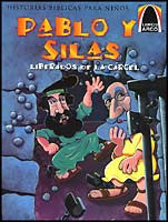 Portada ilustrada de un libro infantil de Libros Arco titulado «Pablo y Silas: Liberados de la cárcel», en la que aparecen dos hombres escapando de una celda con las cadenas rotas, dando vida a las historias bíblicas.