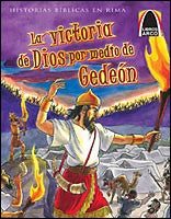 Portada ilustrada de un libro español de cuentos bíblicos de la editorial Libros Arco en la que aparece Gedeón al frente de unos soldados con antorchas; el título reza: «La victoria de Dios por medio de Gedeón, una de las fascinantes historias bíblicas para niños».