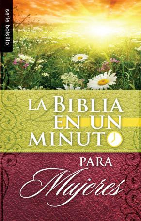 Portada del libro titulado «La Biblia en un minuto para mujeres», con un campo de flores y la luz del sol como fondo, ideal para mujeres que buscan inspiración y sabiduría a través de lecturas bíblicas diarias.