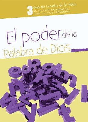 Portada de una guía española de estudio de la Biblia titulada «El poder de la Palabra de Dios», ideal para nuevos creyentes, con letras moradas en 3D dispuestas de forma dispersa en la parte inferior.