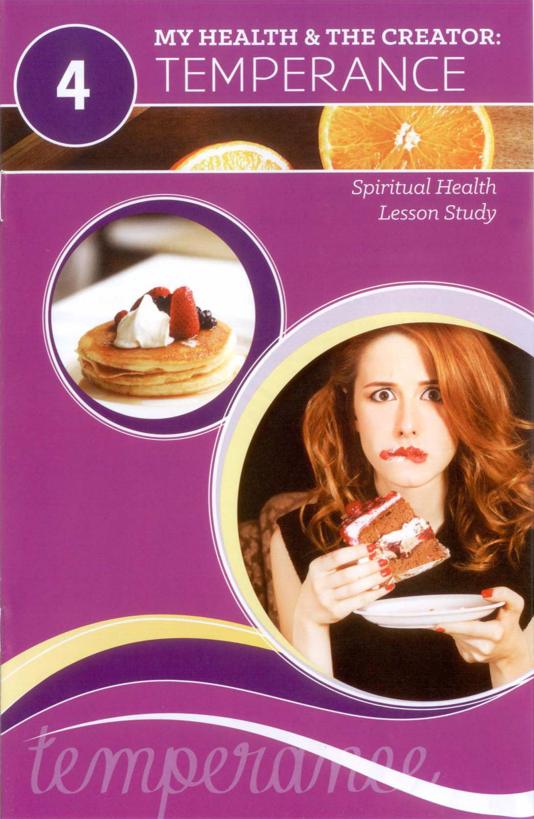 Una mujer pelirroja, con aire indeciso, sostiene un trozo de tarta junto a una imagen de tortitas con frutos del bosque y nata montada, en un folleto morado titulado «Temperance» —una guía que recoge lecciones sobre salud basadas en la Biblia—.