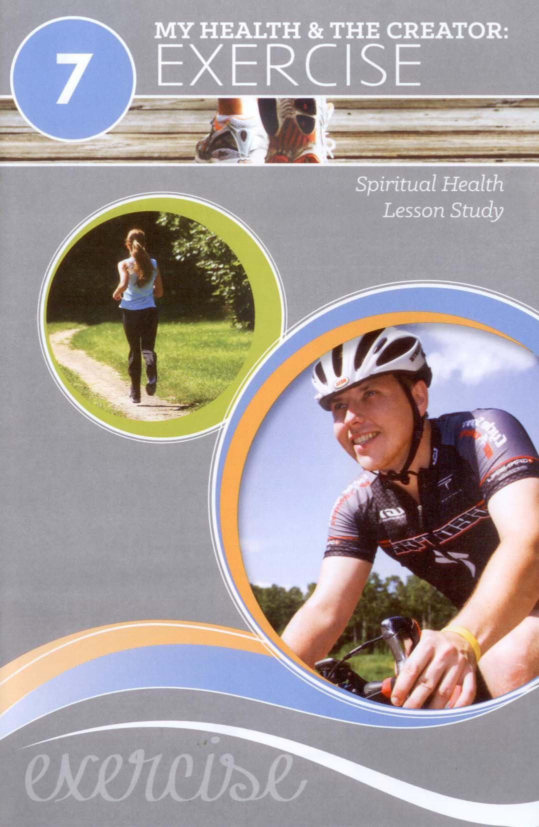 Portada de un folleto titulado «Mi salud y el Creador: el ejercicio», en la que aparecen imágenes de una mujer corriendo y de una persona montando en bicicleta, junto con un texto que indica que se trata de un estudio sobre salud basado en la Biblia.