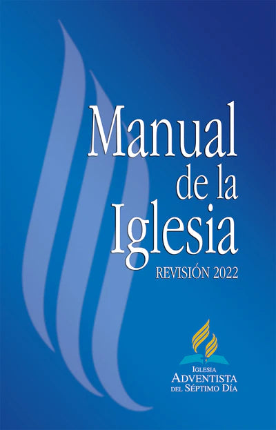 Portada de la edición actualizada de 2022 del Manual de la Iglesia Adventista del Séptimo Día, en la que aparece el logotipo de la iglesia sobre un fondo azul, publicada por la Asociación General durante su sesión celebrada en San Luis, Misuri.
