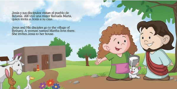 Ilustración de estilo caricaturesco en la que aparecen Jesús y Marta sonriendo frente a una casa en un entorno rural, con animales y árboles; el texto, en español e inglés, procede del librito bilingüe para niños *Pequeños Héroes de la Biblia* y describe su visita.
