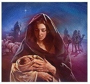 Una mujer con una capa con capucha sostiene a un bebé; al fondo se ven pastores con ovejas y figuras montadas en camellos bajo un cielo estrellado, representados en una tarjeta postal de 5 x 7 pulgadas.