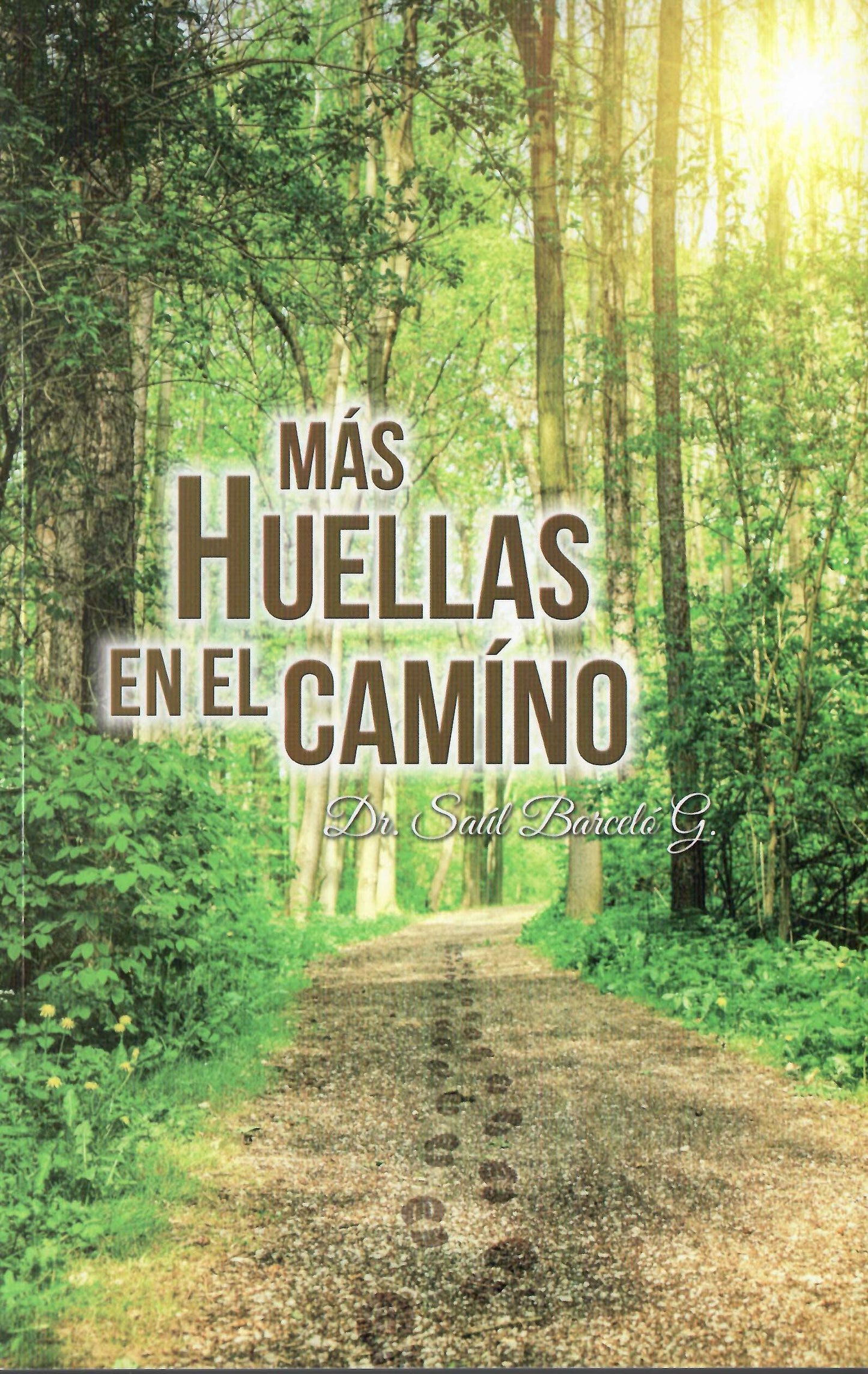 Un sendero forestal por el que se cuela la luz del sol entre los árboles, huellas de zapatos en el camino de tierra y un texto en español: «Más Huellas en el Camino. Historias inspiradoras del Dr. Saúl Banceló G.».