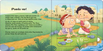 Una ilustración de dibujos animados muestra a Jesús tocando los ojos de un ciego junto a un río, con un pueblo y vegetación al fondo. Esta colorida escena forma parte de un rompecabezas de 9 piezas de un libro infantil.