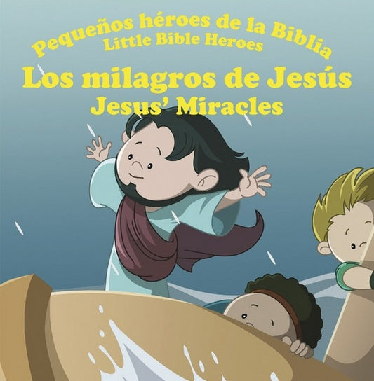 Ilustración de Jesús caminando sobre el agua con unos niños detrás de él, extraída de *Pequeños héroes de la Biblia* —un librito bilingüe para niños— que incluye textos en español e inglés sobre los milagros de Jesús recogidos en la Biblia.