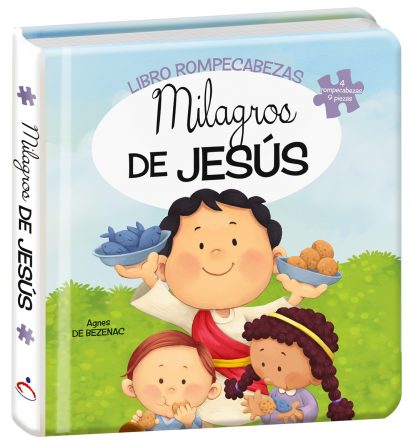 Libro infantil titulado «Milagros de Jesús», con una ilustración de Jesús y dos niños sosteniendo pan y peces. Incluye un rompecabezas de 9 piezas para aprender jugando.