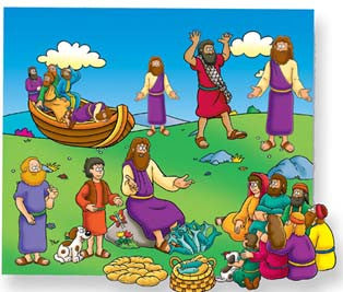 Ilustración de estilo caricaturesco de una escena bíblica en la que aparecen Jesús, los discípulos y una multitud, con pan, pescado y cestas; ideal para contar historias con el tablero de franela que ilustran los milagros de Jesús, como el milagro de la multiplicación de los panes y los peces para alimentar a los 5.000, tal y como aparece en la «Biblia para principiantes».
