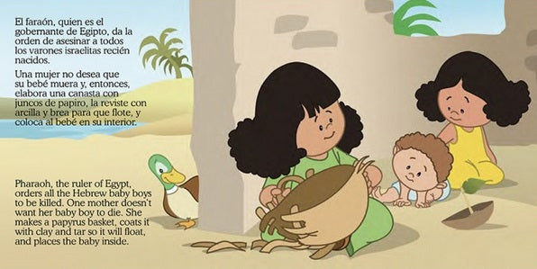 Una ilustración de *Pequeños Héroes de la Biblia*: una mujer coloca a un bebé en una cesta de mimbre mientras dos niños y un pato observan; la escena se desarrolla al aire libre, cerca de unas piedras, con texto en español e inglés: un librito bilingüe para niños.