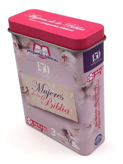 Una caja rectangular de hojalata con la etiqueta «Mujeres de la Biblia», que contiene 150 preguntas y respuestas bíblicas sobre personajes bíblicos, pensada para niños de entre 6 y 99 años, con motivos florales en rosa y beige: un divertido juego bíblico para toda la familia.