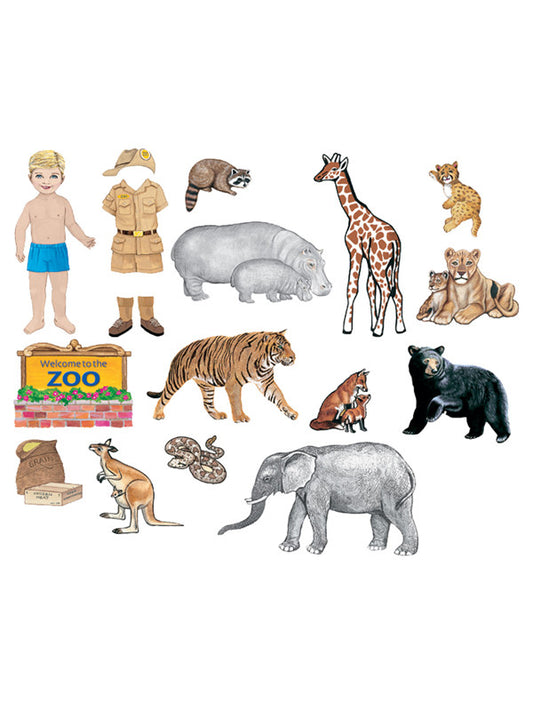 Ilustraciones de un niño con un traje de safari en el zoo, junto a diversos animales del zoo, un cartel del zoo, comida para alimentar a los animales, una bolsa de almacenamiento y una placa de «cuidador del año» sobre un fondo blanco.