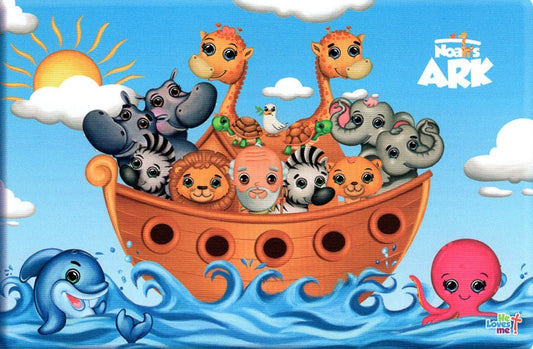 Imagen ilustrada del Arca de Noé con animales, una paloma, un delfín y un pulpo bajo el sol y las nubes: perfecta para un divertido mantel individual de 18 x 12 o un adorno para la repisa de la chimenea.