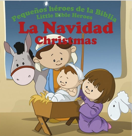 Ilustración del belén con María, José y el Niño Jesús en un pesebre, además de un burro. Incluye texto bilingüe de «Pequeños Héroes de la Biblia»: un librito bilingüe perfecto para niños que están descubriendo la Navidad y los héroes de la Biblia.