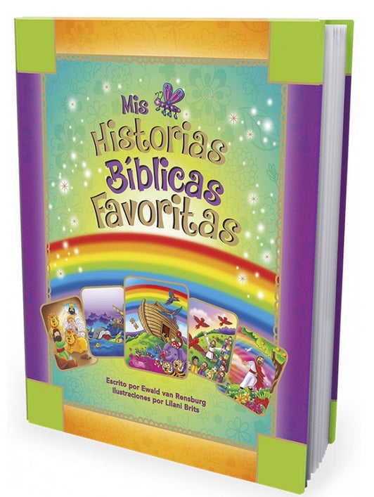 Un libro infantil español titulado «Mis Historias Bíblicas Favoritas», con una portada muy colorida, un arcoíris e ilustraciones de historias bíblicas. Perfecto para quienes buscan libros ilustrados de temática religiosa y quieren conocer historias bíblicas para niños.
