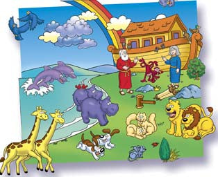 Ilustración de cómic del Arca de Noé con Noé, animales en parejas y un arcoíris al fondo, mientras el arca descansa sobre un prado y un cielo representados en un tablero de franela. Tamaño: 14 x 25.
