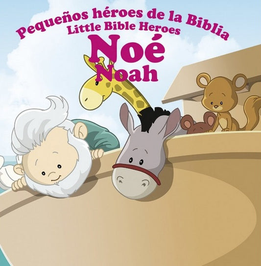 Ilustración de cómic en la que aparece Noé con una jirafa, un burro y un oso en el arca, del libro infantil bíblico *Pequeños Héroes de la Biblia*, con el título bilingüe *Pequeños héroes de la Biblia / Little Bible Heroes: Noé / Noah*.