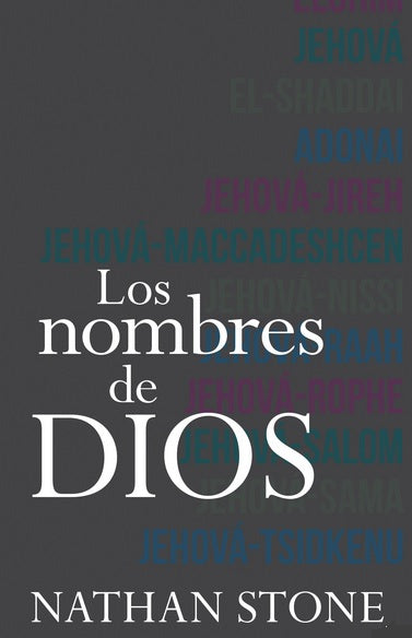 Portada del libro titulado «Los nombres de Dios», de Nathan Stone, en la que destacan varios nombres de Dios del Antiguo Testamento en diferentes colores sobre un fondo oscuro, lo que refleja el carácter de Dios.