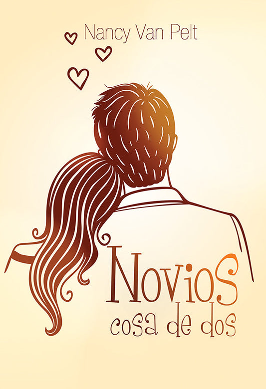 Una ilustración estilizada de una pareja sentada junta con tres corazones sobre ellos, celebrando el amor y la compañía. El texto dice: «Nancy Van Pelt y Novios, cosa de dos».
