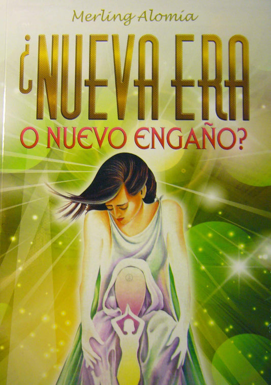 Portada del libro titulado «¿Nueva Era o Nuevo Engaño?», de Merling Alomía, en la que aparece una mujer ilustrada que mira hacia abajo, a una figura abstracta y resplandeciente que tiene en el regazo, sobre un fondo verde y amarillo, y que aborda la Nueva Era desde una perspectiva cristiana.