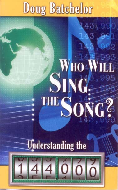 Portada del libro titulado «¿Quién cantará la canción? Entender a los 144 000», de Doug Batchelor, en la que aparecen un globo terráqueo, notas musicales, números y un contador que marca 144 000; en él se analiza el papel de los verdaderos israelitas y las doce tribus.