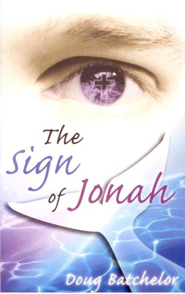 Portada del libro *The Sign of Jonah*, de Doug Batchelor, en la que aparece un primer plano de un ojo con el reflejo de una cruz, junto con un diseño estilizado de peces y agua, que simbolizan la resurrección de Cristo en este libro de gran riqueza espiritual.