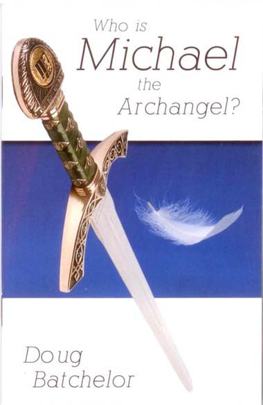Portada del libro en la que aparecen una espada decorativa, una pluma blanca y el título «¿Quién es el arcángel Miguel?», de Doug Batchelor, sobre un fondo blanco y azul, en la que se analiza la figura del arcángel Miguel como un ser poderoso de la Biblia.