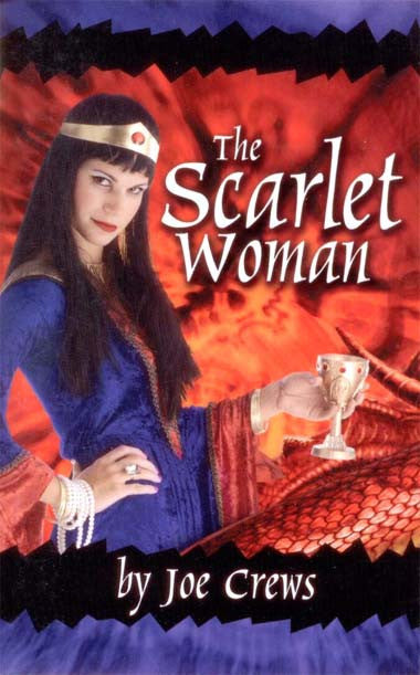 En la portada de *The Scarlet Woman*, de Joe Crews, aparece una mujer vestida con un traje azul y rojo que sostiene un cáliz, sobre un fondo de un rojo intenso que evoca a la ramera del Apocalipsis de la profecía bíblica.