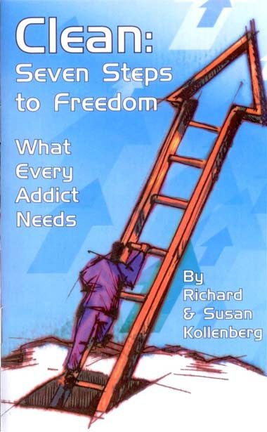 Portada del libro titulado «Clean: Seven Steps to Freedom», en la que aparece una persona subiendo por una escalera con forma de flecha, que simboliza el camino hacia la sanación física y espiritual; los autores que figuran son Richard y Susan Kollenberg.