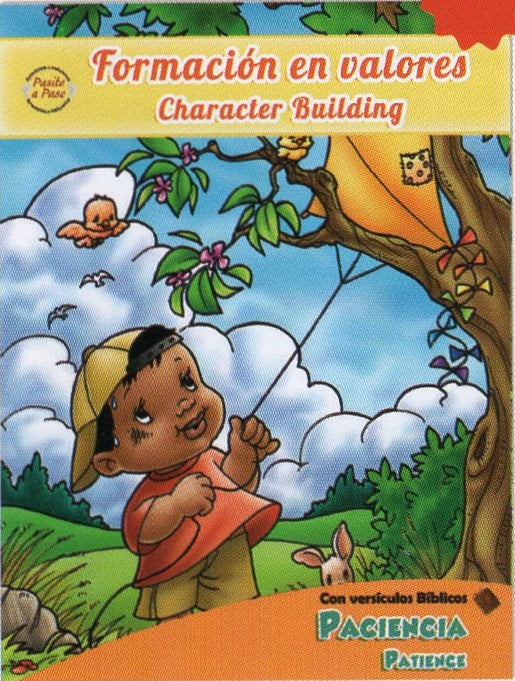 Un niño pequeño mira hacia arriba, hacia una cometa atascada en un árbol, con pájaros a su alrededor. El texto dice: «Formación en valores / Character Building» y «Paciencia / Patience», ideal para «historias para niños» con versículos bíblicos y «páginas para colorear».