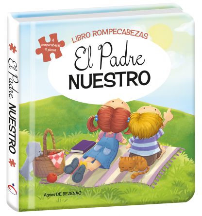 Unos niños están sentados al aire libre sobre una manta, junto a un gato y con cosas para un pícnic, mirando al cielo. En la portada del libro se lee «El Padre Nuestro» y «Libro rompecabezas de 9 piezas».