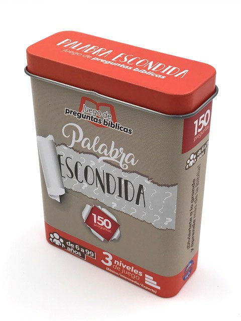 Caja rectangular de hojalata con la etiqueta «Palabra Escondida», un juego bíblico en español para edades comprendidas entre los 6 y los 99 años, que incluye 150 cartas y tres niveles de juego con preguntas y respuestas bíblicas.