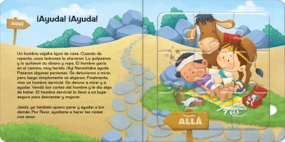 Una página ilustrada del libro muestra a un hombre herido al que atienden un niño y un burro, con señales indicativas que dicen «AQUÍ» y «ALLÁ» a lo largo de un camino, ideal para armarlo como un rompecabezas de 9 piezas.
