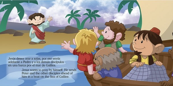 Ilustración de Jesús en la orilla saludando con la mano a sus discípulos, que se encuentran en una barca en el mar de Galilea, con palmeras y colinas al fondo. Este libro infantil sobre la Biblia, que forma parte de la colección «Pequeños Héroes de la Biblia», incluye un texto en inglés y español que describe la escena.